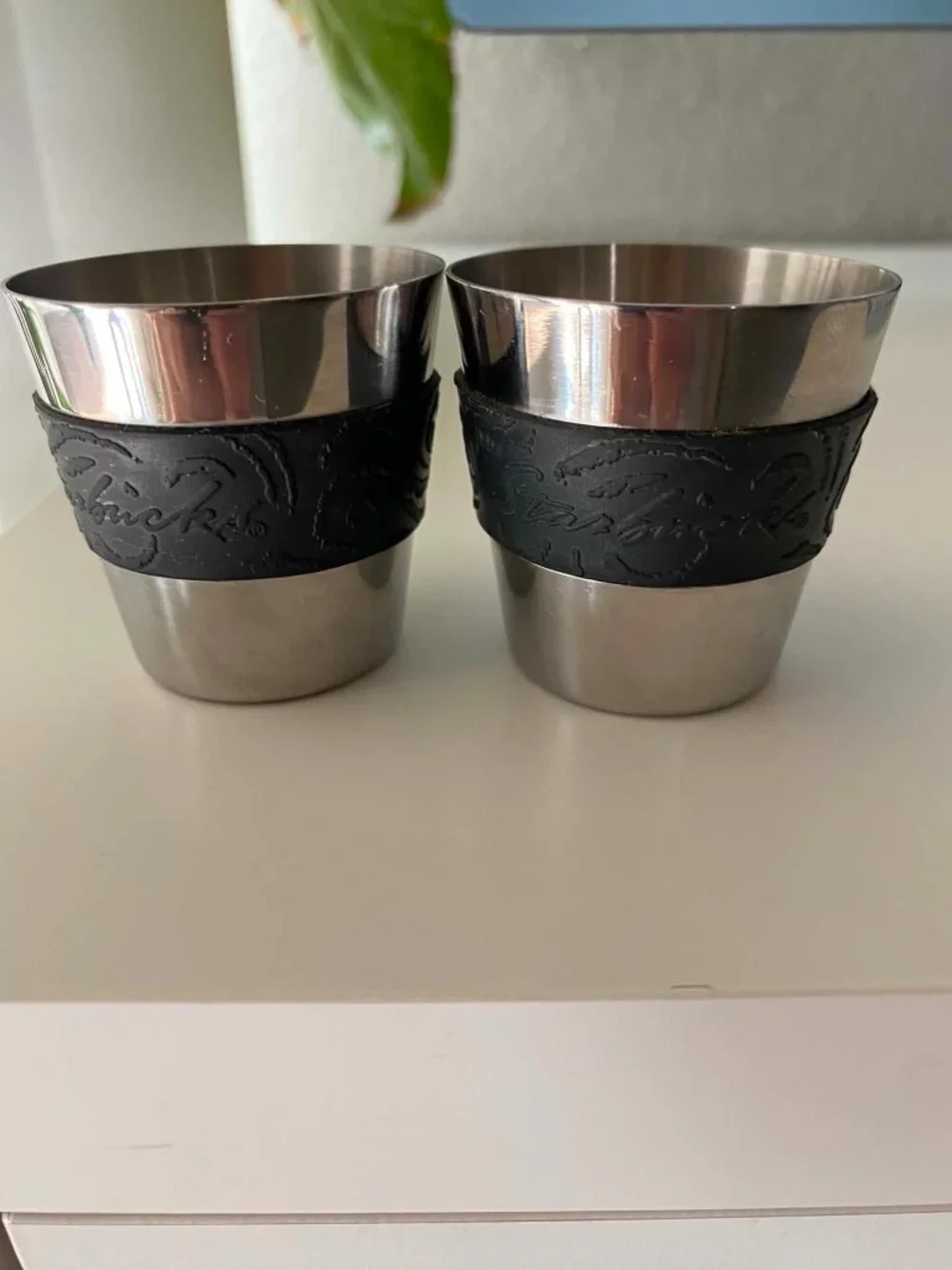 VTG 2 Starbucks Stainless Steel Espresso Shot Glasses w/Black Rubber Grip
